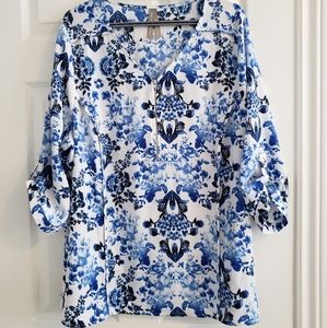 Blue floral blouse with zipper, 1x plus size